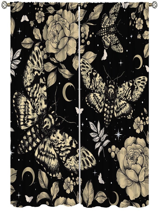 AAVEUP Gothic Moth Curtains for Bedroom,Vintage Boho Mystery Moon Phase Vintage Hippy Flower Plant Star Butterfly Window Drapes for Kids Boys Girls Living Room Kitchen 42x45in（No Blackout） - Image 1